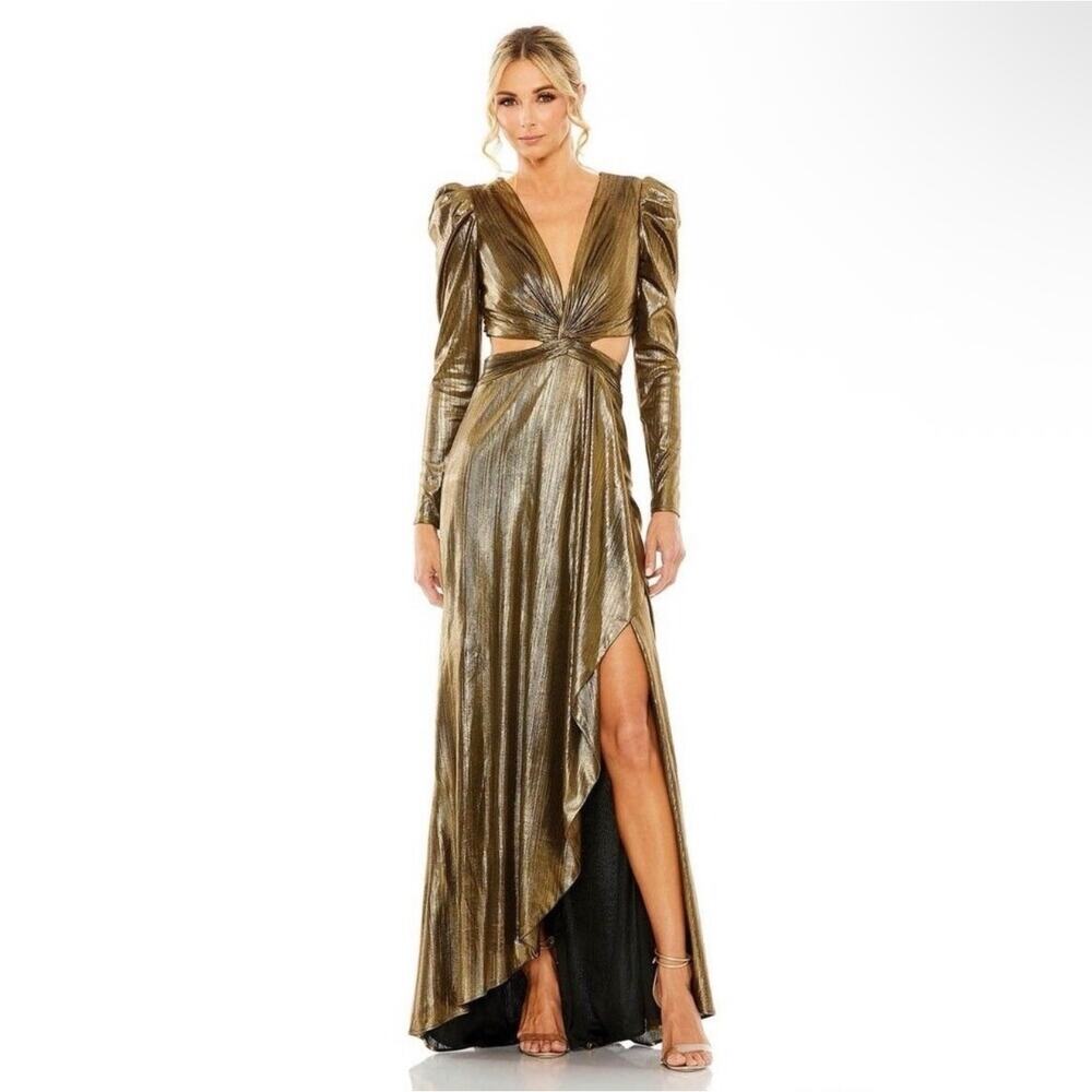 Mac Duggal 27060 Metallic gold Cutout V-neck Evening Gown